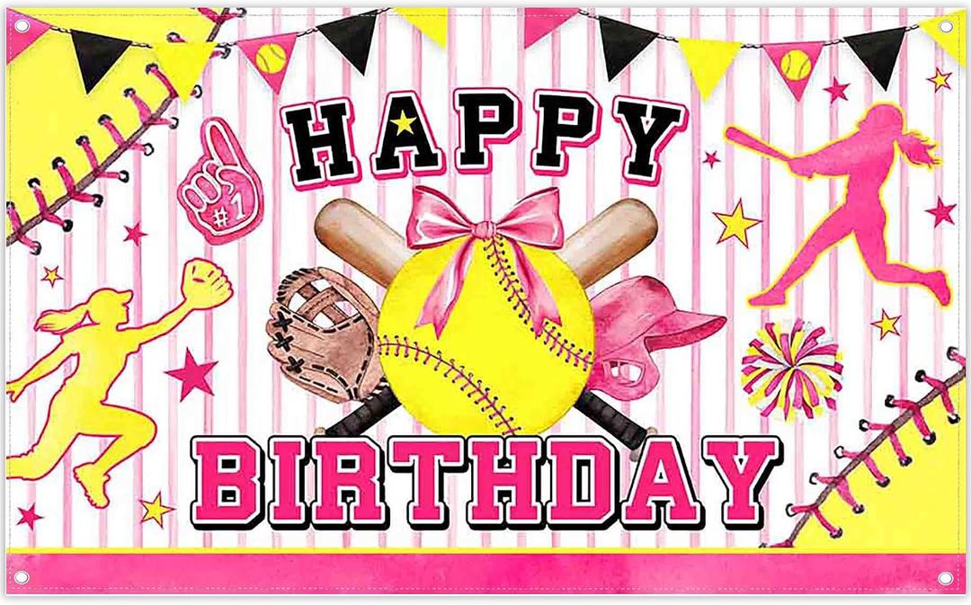 72x43inch Pink Softball Happy Birthday Backdrop Watercolor Bowler Yellow Star Sports Themed Photography Background Girls Kids Teens Party Decoration Photo Props