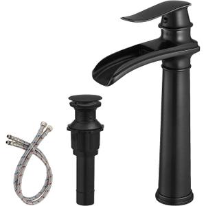 BWE Vessel Sink Faucet Waterfall Matte Black Bathroom Faucets Single Hole Single Handle Bathroom Sink Faucet Tall Vessel Faucet with Pop Up Drain and Water Supply Line (11.81 inch Vessel Version)