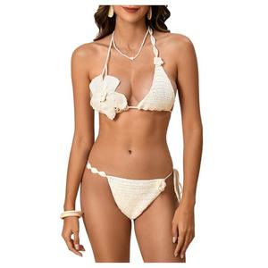 MakeMeChic Women's Bikini Sets Crochet 3D Floral Halter Tie Back Boho Bathing Suit Apricot Medium