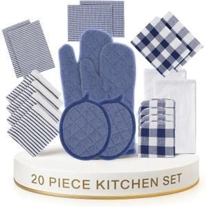 LANE LINEN Flour Sack Dish Towels Set - 20 Pc Kitchen Towel Set with Pot Holders and Oven Mitts,100% Cotton Kitchen Towels, Absorbent Dish Towels: Indigo