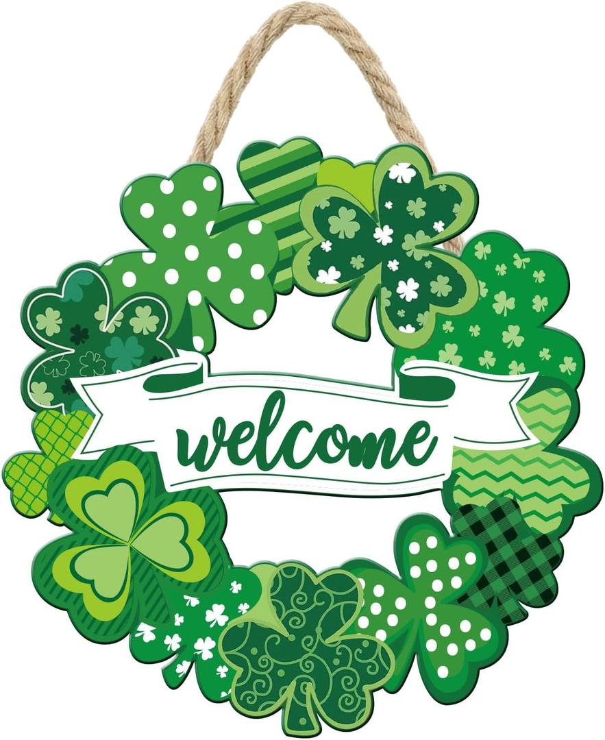 Wooden St. Patrick's Day Decoration Shamrock Door Wreath for Front Door Sign Wall Signs Shamrock Clover Spring Decoration, Irish Sign Welcome Hanging for Home Decor Party Outdoor Indoor Supply