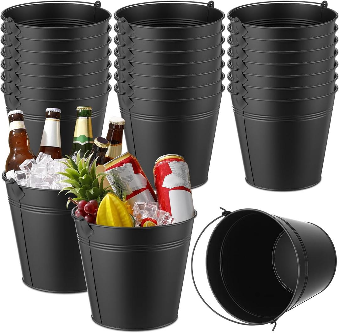 24 Pcs Metal Beer Bucket Bulk Ice Bucket Ice Pails with Handle Champagne Soda Party Beverage Chiller for Summer Picnic Pool Wedding Party Supplies Wine Champagne Bar (7.1 x 6.5 x 5.1",Black)