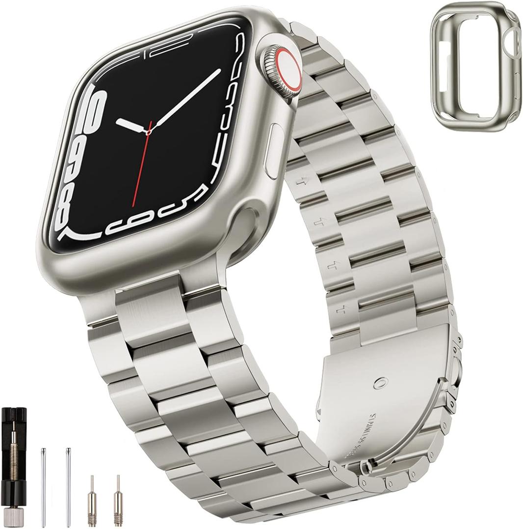 SUNFWR Compatible with Apple Watch Band 45mm 44mm 42mm for Men Women, Stainless Steel Metal iWatch Band with Case for Apple Watch Series 9/8/7/6/5/4/3/2/1/SE/SE2 (Titanium, 42mm/44mm/45mm) (Starlight)