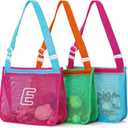 3Pcs Alphabet Printed Seashell Bags, Lightweight & Foldable Kids Beach Toy Mesh Bags with Adjustable Straps, Waterproof and Portable for Pool and Beach Essentials-E