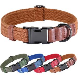 PET ARTIST Soft Cotton Dog Collars for Large Dogs in Rustic Brown, Simple Dog Collar with Quick Release Metal Buckle & D Ring, L Size (15-23")
