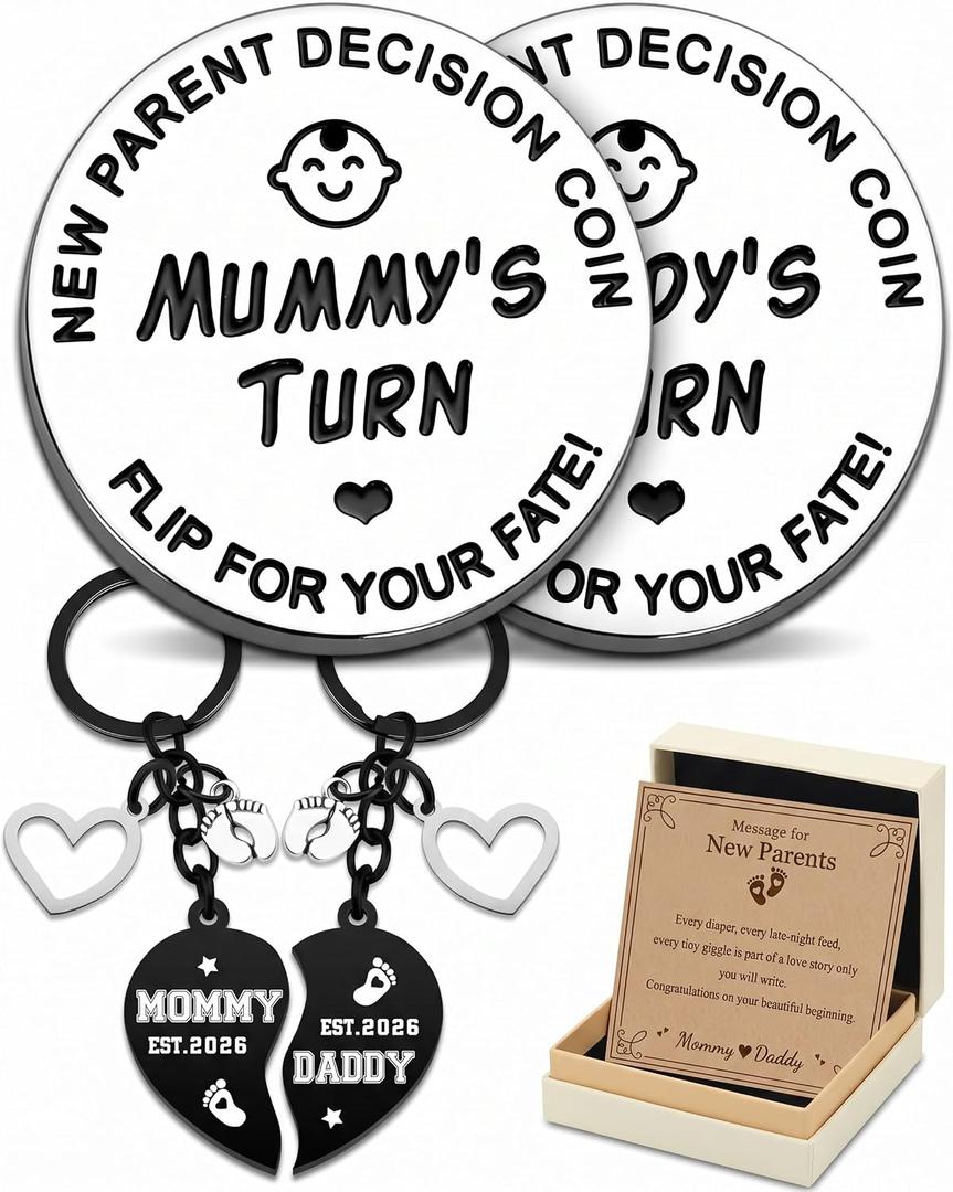 New Parents Gifts for Couples, Double-Sided Funny Decision Coin and 2026 Est. Keychain Set, Flip for Household Tasks, Stainless Steel Split Heart Keepsake for Expecting New Mom Dad