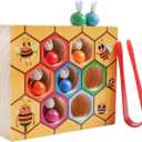 Toddler Fine Motor Skill Toy, Clamp Bee to Hive Matching Game, Montessori Wooden Bee Hive Toys, Wood Color Sorting Puzzle Early Learning Preschool Educational Gift for 2 3 4 Years Old Kids