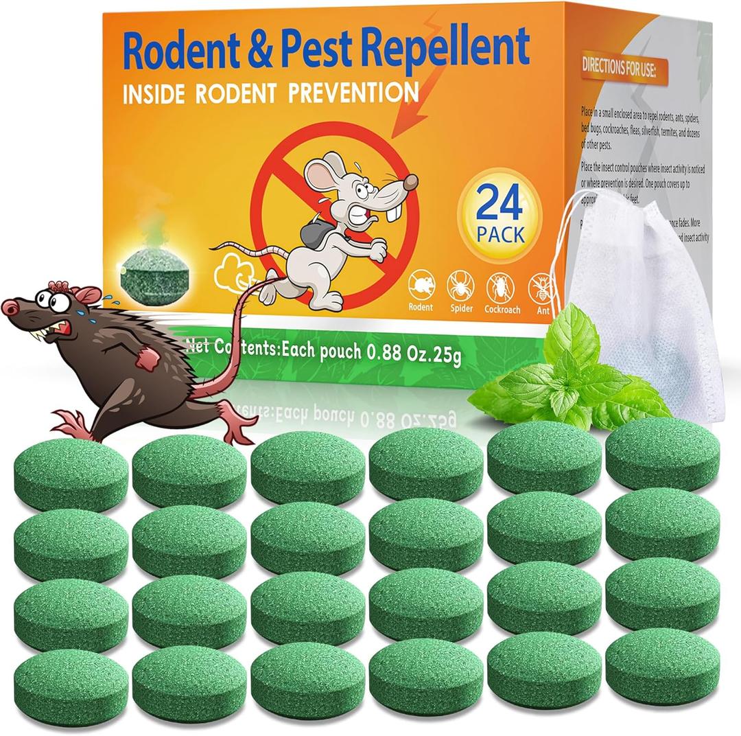 Rodent Mouse Repellent Indoor Outdoor - Peppermint Oil to Repel Mice Mole and Rats, Bug Insect Spider Repellent Pouches, Pest Control Natural Deterrent Safe for Pets & Family 24 Packs