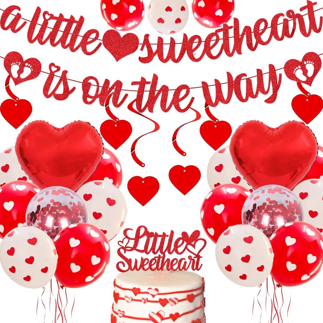 Valentine's Day Baby Shower Decorations Balloons Valentines Baby Shower Banner A Little Sweetheart is on The Way Banner Valentines Heart Balloons for Valentines Baby Shower Party Decor