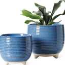 LE TAUCI Ceramic Plant Pots, 5.1 + 6.4 Inch Footed Pots for Plants, Modern Flower Pots for Home and Office, Indoor Planters with Drainage, Reactive Glaze Blue
