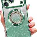 Misscase for iPhone 17 Pro Magnetic Glitter Case Compatible with MagSafe,Full Protection Slim Shockproof Anti-Scratch Case with Camera Lens Protector Plating Bling Dust-Proof Net Green