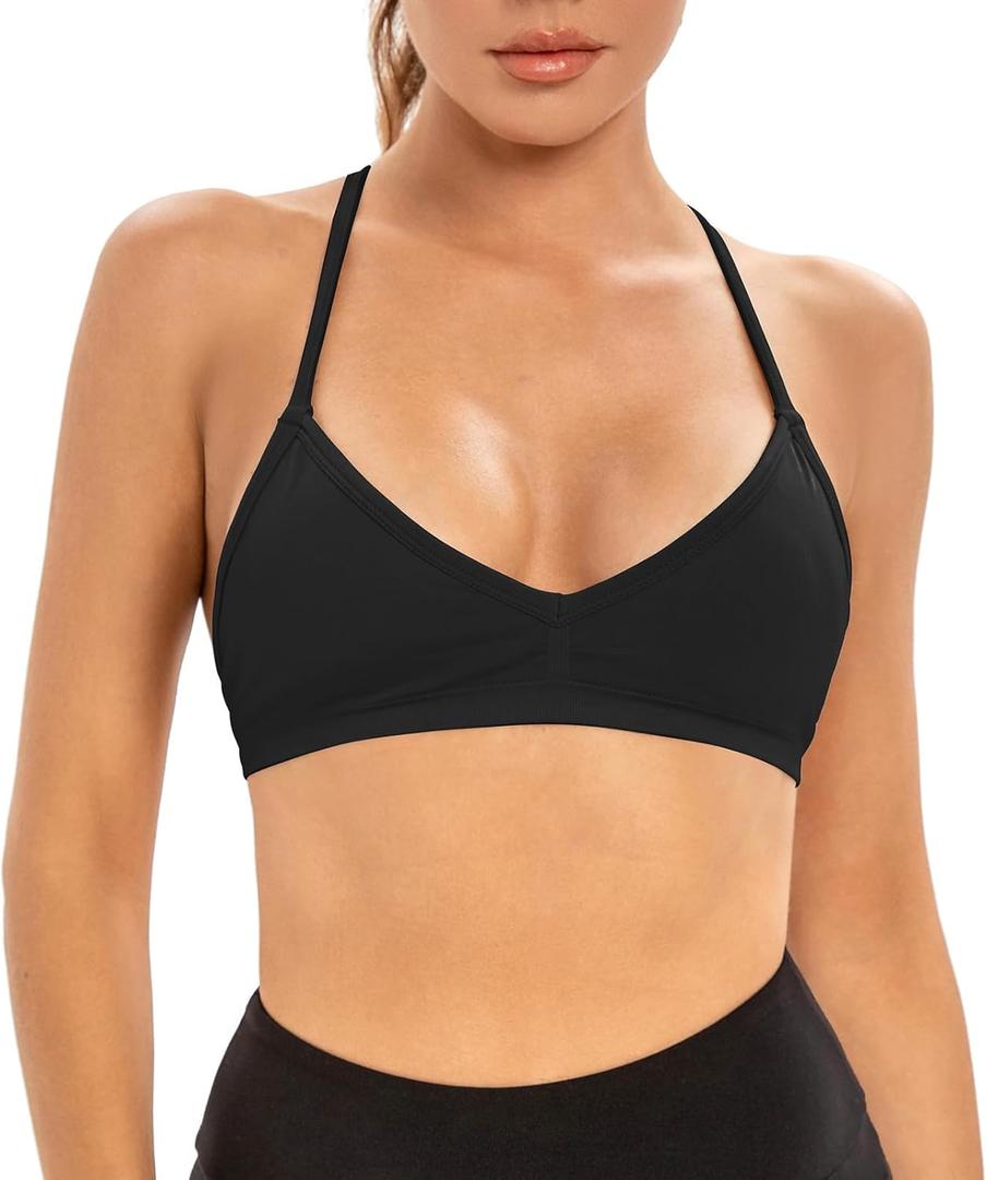 INIBUD Sports Bras for Women Backless Halter Strappy Seamless Bra Padded Removable Bralettes Gym Workout Minimal Yoga Tops (Small, Black)