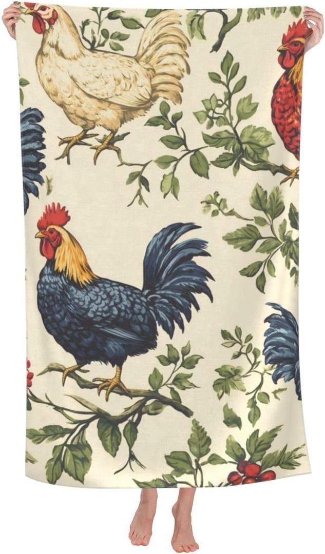 Rooster Beach Towel 31inx51in, Farm Chicken Sand-Free Microfiber Bath Towel Ultra Soft Quick Dry Pool Towel Absorbent Towel Lightweight Towel for Swimming Bathroom Decor