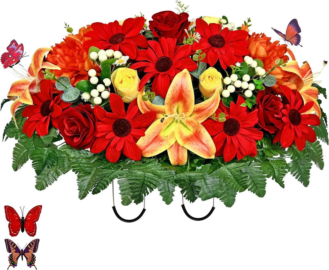 Handmade Headstone Flower Saddle - Artificial Cemetery Flowers for Grave Decoration-Funeral/Memorial/Graveside Flowers of Rose Sunflower Lily Berry,Non-Bleed Color