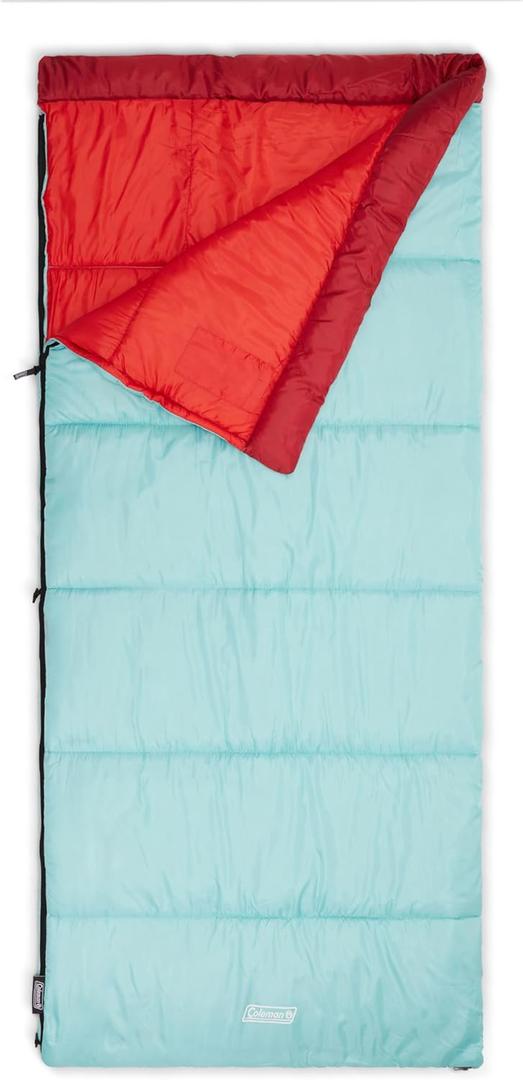 Coleman Flatlands 30/40/50F Sleeping Bag, Made from 100% Recycled Material, Big & Tall Options, Cool-Weather Sleeping Bag for Camping, Sleepovers, Guests & More, Red 