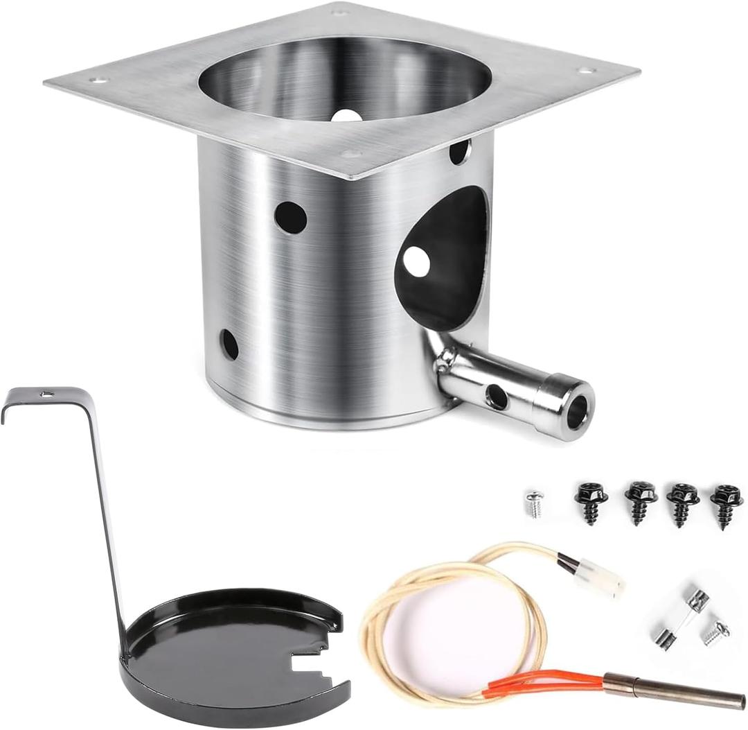 QuliMetal 304 Stainless Steel Fire Burn Pot & Hot Rod Ignitor Kit Replacement Parts for Traeger & Pit Boss Wood Pellet Grill Smoker, Durable Fire Pot with Ash Remover, Screws and Fuse, Easy Install