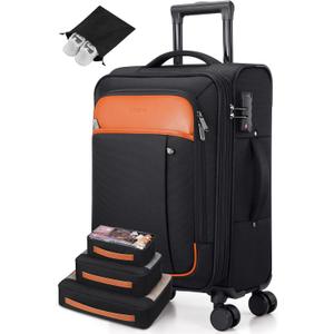 UKEIN Softside Expandable Carry On Luggage 22x14x9 Airline Approved, 20 Inch Carry On Suitcase with Wheels & TSA Lock, Travel Suitcase with 4-Piece Packing Bags for Women Men (Black)