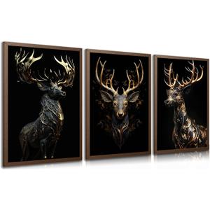 3pcs Black Gold Elk Canvas Wall Art Modern Deer Theme Posters Prints Paintings Wildlife Pictures Wall Decor for Bedroom Living Room Office Bathroom Decoration Unframed