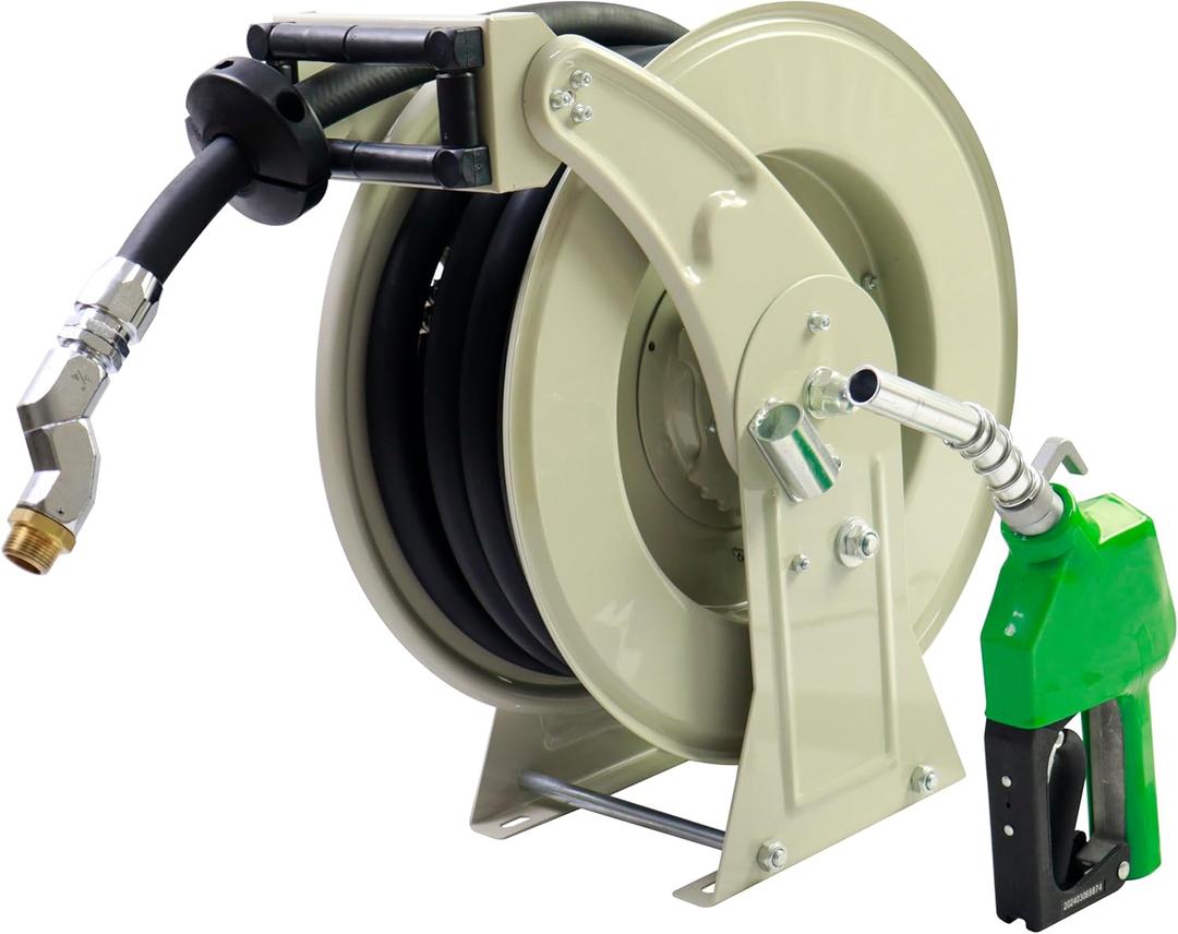 MENAITEK Fuel Hose Reel W/AUTO Fuel Nozzle, Fuel Hose Swivel,3/4"x50FT Fuel Transfer Hose Diesel Hose Reel Retractor,300 PSI Heavy Duty Auto Swivel Rewind Hose Holder Reel,1"NPT Inlet,3/4" NPT outlet