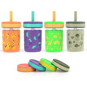 Sursip Toddler Glass Cups with Straw, Spill-Proof Kids Mason Jar Food Storage with Lids, Sippy Cups for Drinks, Smoothies, Snacks, Milk Cup [4 Pack] 8 oz 2-in-1 (Dog/Cosmic Dino/Jungle Dino/Ocean Realm)