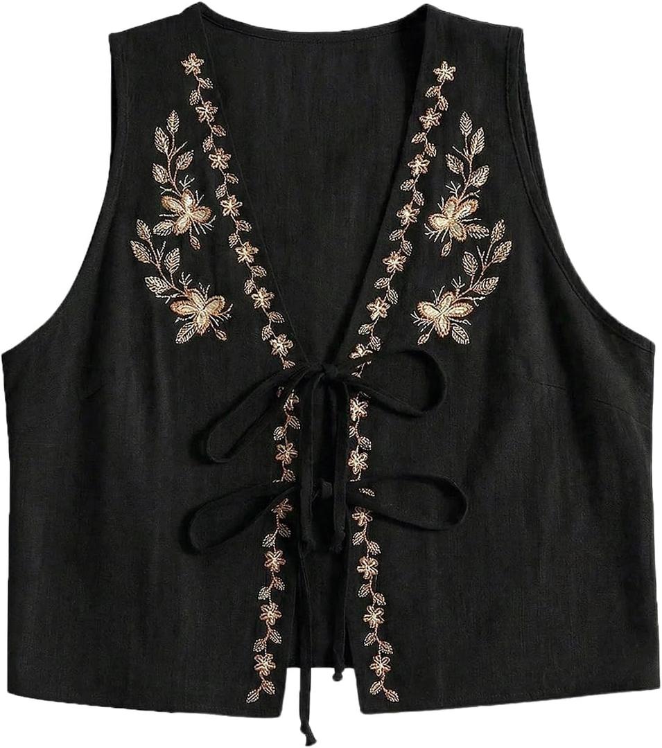 WDIRARA Women's Boho Floral Embroidery V Neck Tank Top Tie Front Sleeveless Tops Black, Large
