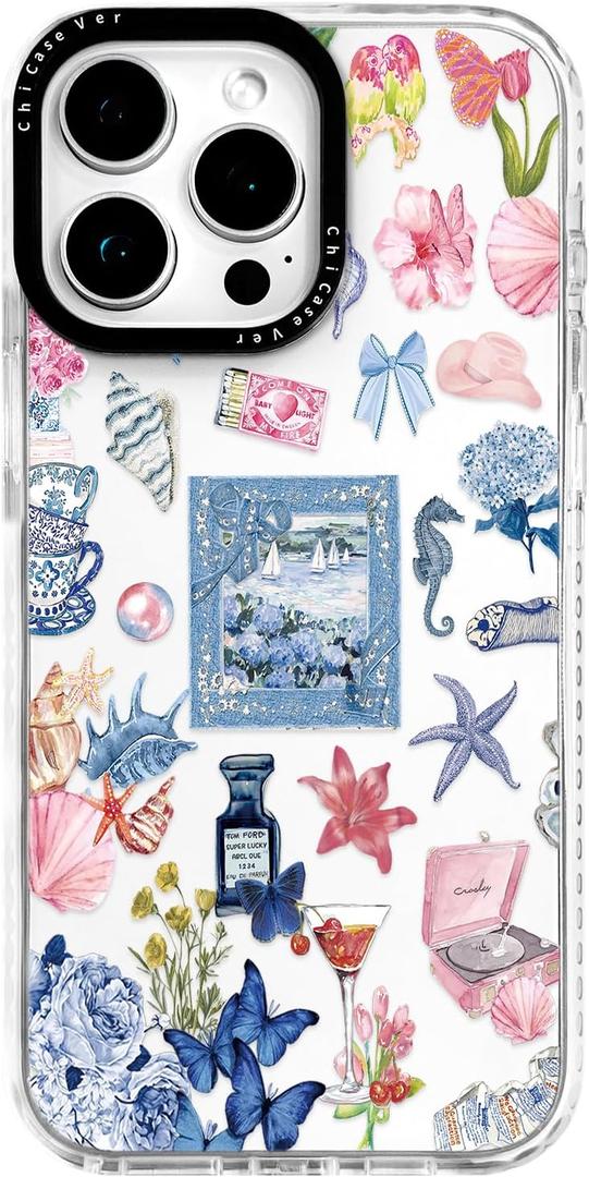 3 x for iPhone 14 Pro Case, Vintage Coastal Collage Pattern with Shells & Teacups, Military-Grade Drop Protection, Glossy Elegant Soft Slim TPU Protective & Camera Protection for Girls (SunflowerCut)