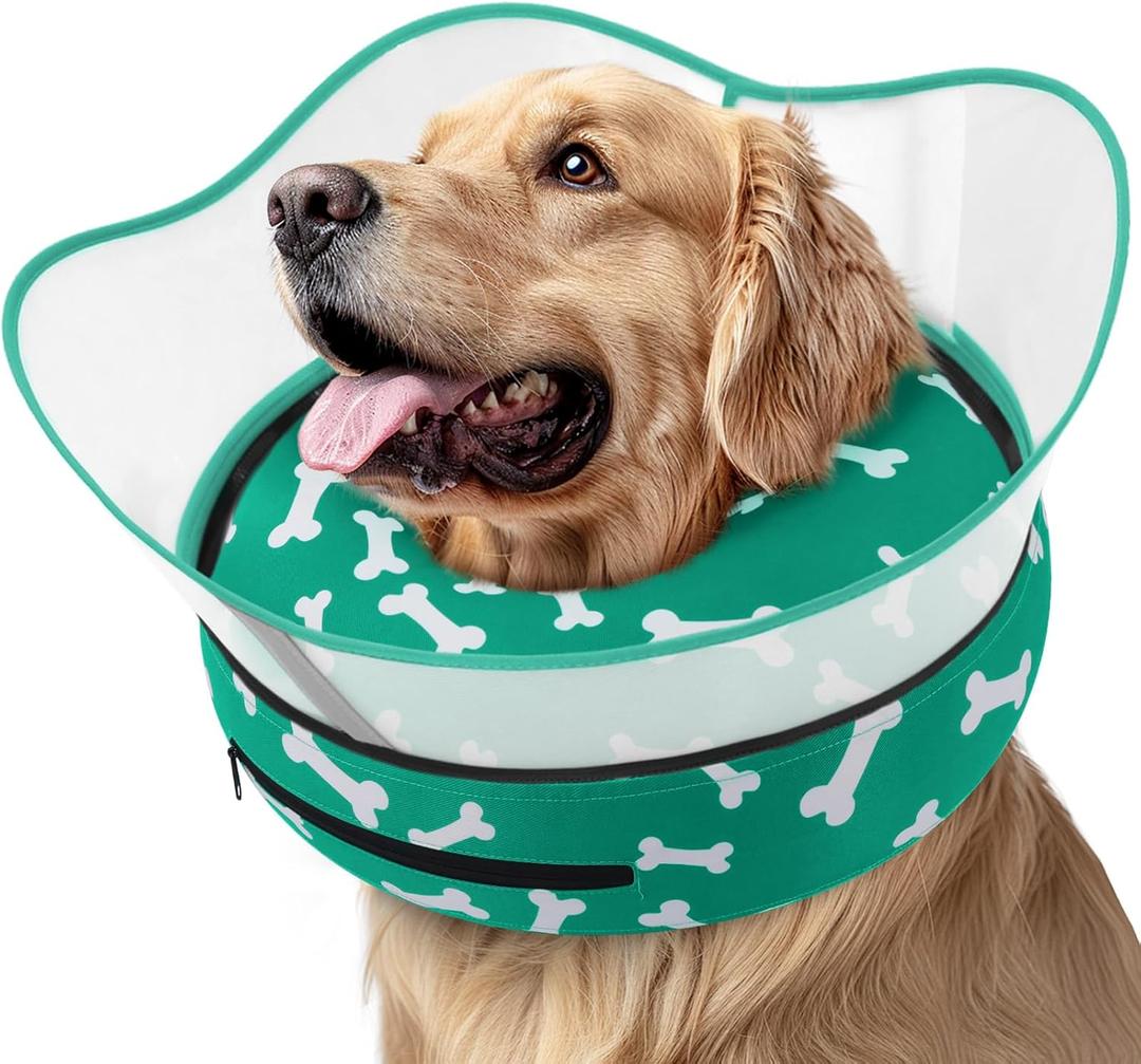 Supet Raised Inflatable Dog Cone Collar to Stop Licking, Soft Dog Cone Alternative After Surgery, Pet Neck Donut Collar Large Dogs (T Bone Green) 