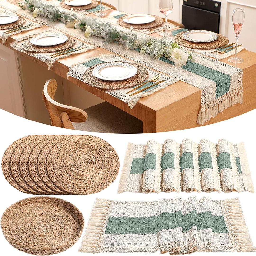 Boho Placemats 4/6/8 Set of Round Woven Placemat Macrame Style Bicolor Stitching Long Table Runner Farmhouse Rustic Natural Burlap Cotton for Kitchen Dining Table(6 Sets,Green,12x72)