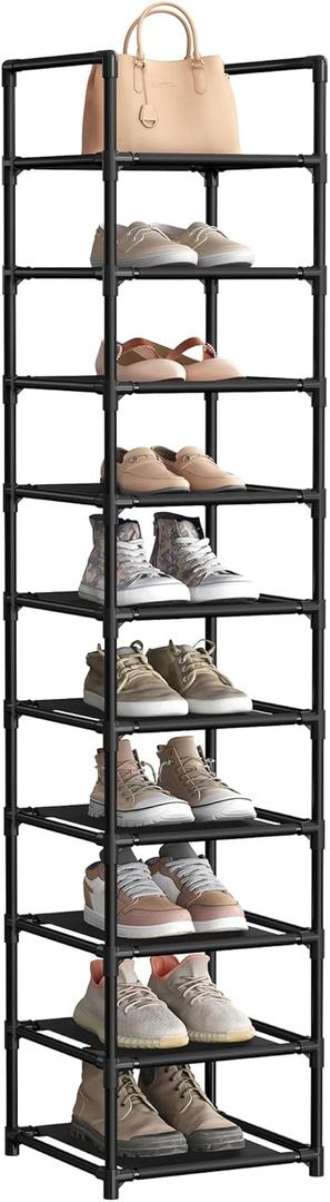 SONGMICS Shoe Rack, 10 Tier Shoe Shelf, Shoe Storage Organizer, Space-Saving, 13 x 13 x 68.1 Inches, Metal Frame, Non-Woven Fabric Shelves, for Entryway, Bedroom, Black ULSR110B02