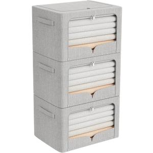 3 Pack Clothes Storage Bins Foldable Metal Frame Storage Box Extra Large Stackable Linen Fabric Organizer Set with Carrying Handles and Clear Window (Light Gray, 23.6x16.5x15.7inch(100L))