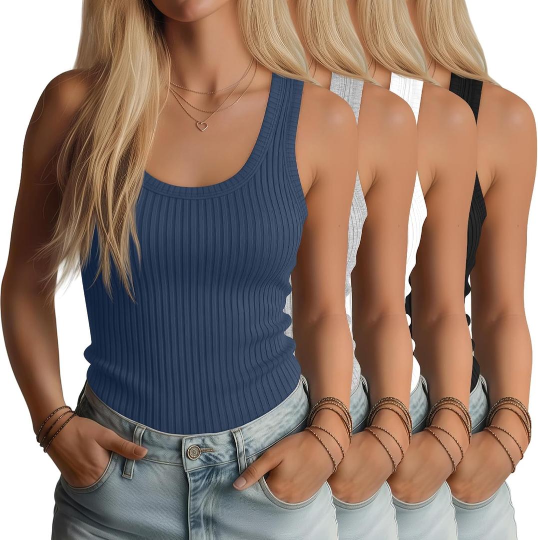 Sweetyweee 4 Pack Women's Ribbed Tanks Cotton Racerback Tank Tops Scoop Neck Summer Lady Slim Fit Sleeveless Tops Shirts(Small,Black, White, Hazy Blue, Light Mottled Gray)