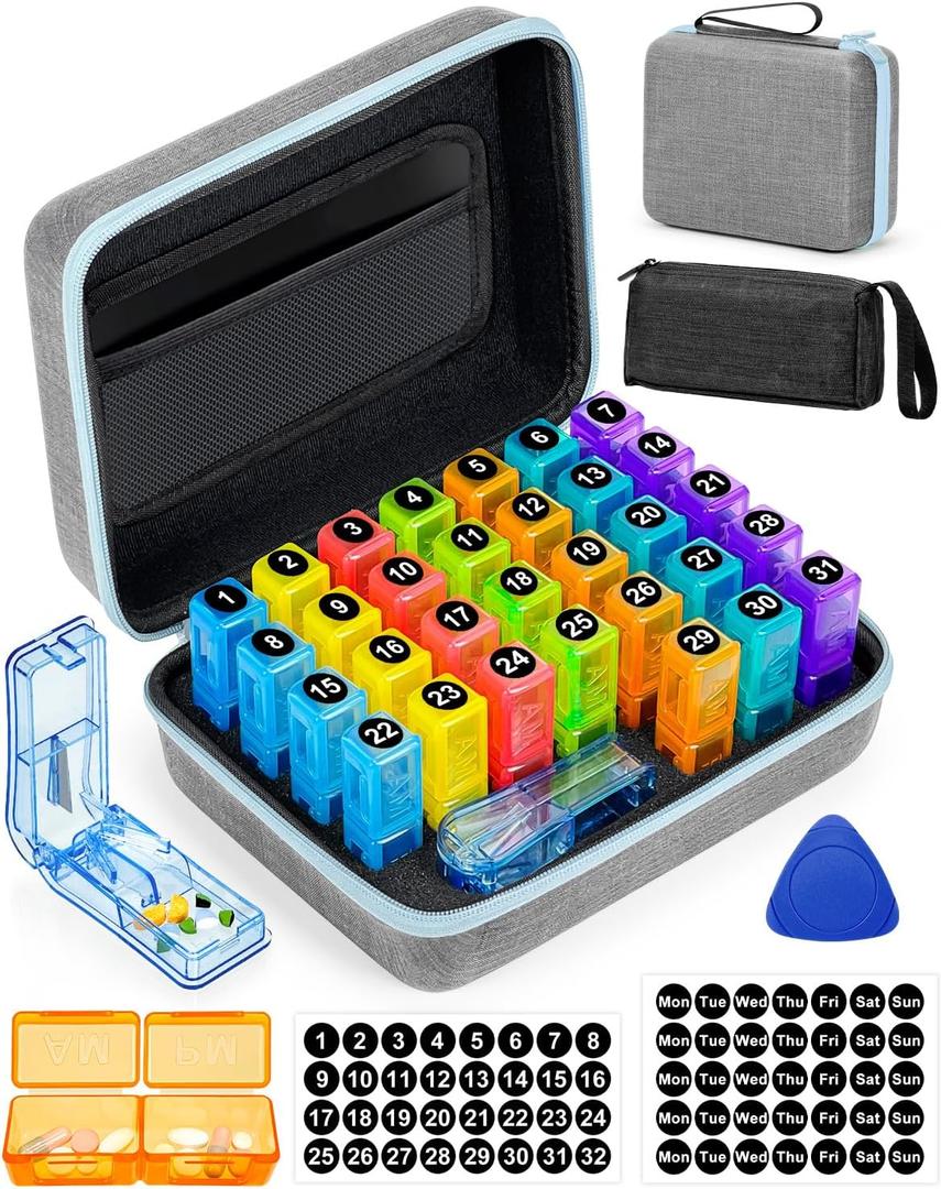 Monthly Pill Organizer 2 Times a Day with Weekly Pill Bags, Portable Hard Shell Case, Pill Cutter & Opener Pick, Monthly and Weekly Stickers for Medication Management (Blue, 2 Times a Day)