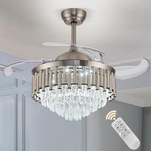 42 Inches Invisible Crystal Ceiling Fan Chandelier, Modern Remote Control Crystal Ceiling Fan Lighting for Dinning Room Bedroom Living Room(Sand Nickel)