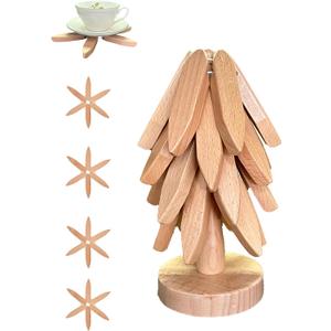 Kinnsto Wooden Trivets for Hot Dishes Mat Coasters Pot Plate Bowl Teapot for Kitchen Natural Foldable Stackable Christmas Tree  Set of 4