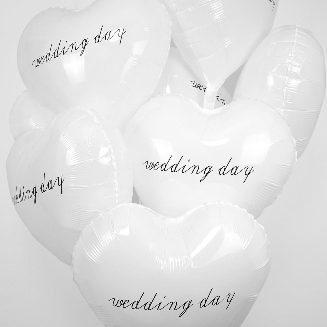10 Pieces Wedding Heart Balloons, 18" White Heart Foil Balloons with Wedding Day Prints, Helium-Friendly for Anniversary, Engagement, Bachelorette, Bride To Be, Bridal Shower Party Decorations