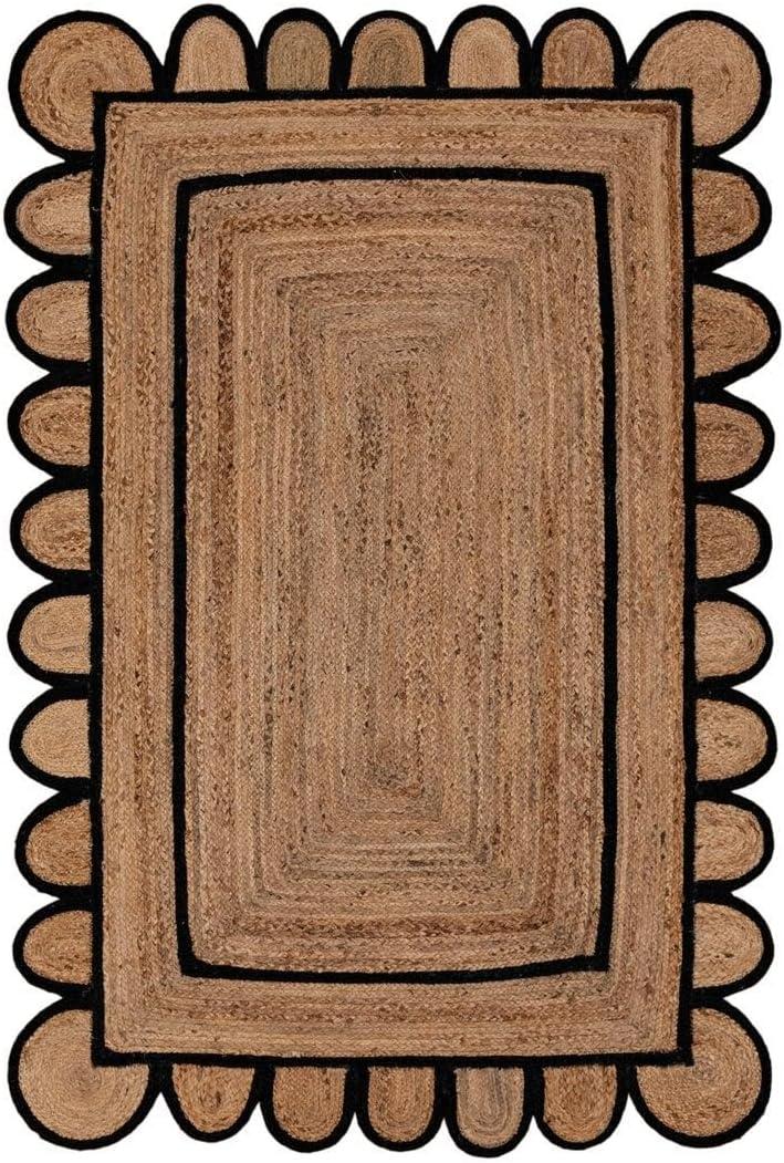 Scalloped Natural Jute Area Rug for Bedroom Living Room, Kitchen, Patio, Hallway, Entryway, Indoor, Outdoor, Farmhouse, Morden Carpet, Door Mat Black, 3x4 ft.