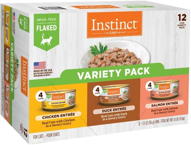 Instinct Flaked Entrees, Wet Cat Food, Variety Pack, 5.5 oz (12 Count) | Tender flaked cuts in savory gravy, high protein, real meat, whole-food ingredients, grain-free, hydration support (EXP 01/12/28)