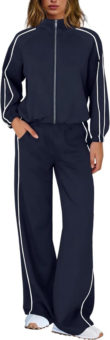 Nirovien Womens Sweat Set Track Suits 2 Piece Outfits Matching Lounge Set Piping Zip Up Sweatshirt Wide Leg Pants (Large, Navy Blue)