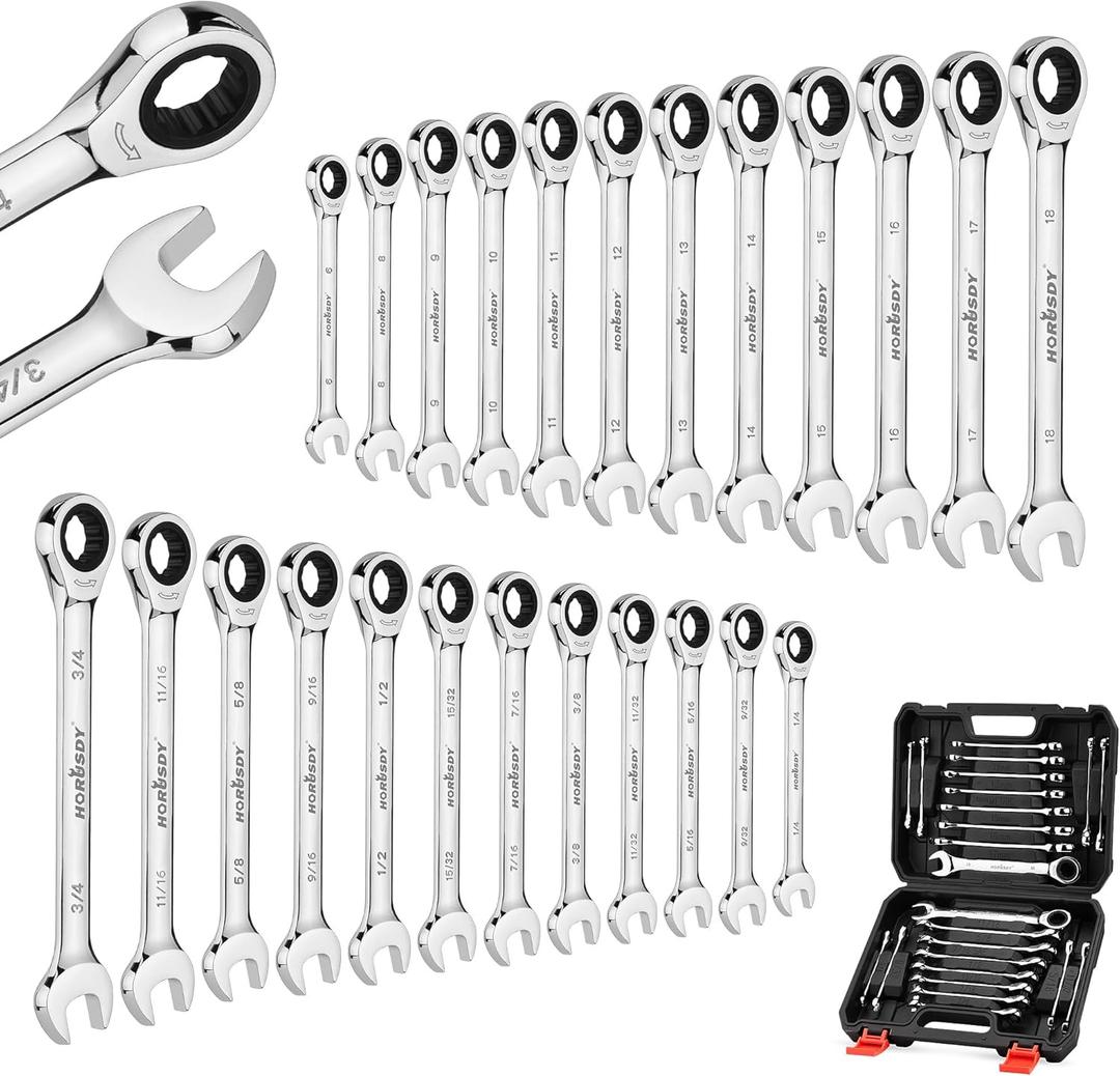 HORUSDY 24-Piece Ratcheting Wrench Set | Metric and SAE | Ratchet Combination Wrenches Set with Organizer | 72-Tooth | Chrome Vanadium Steel | 6-18 mm & 1/4 to 3/4 (24-Piece)