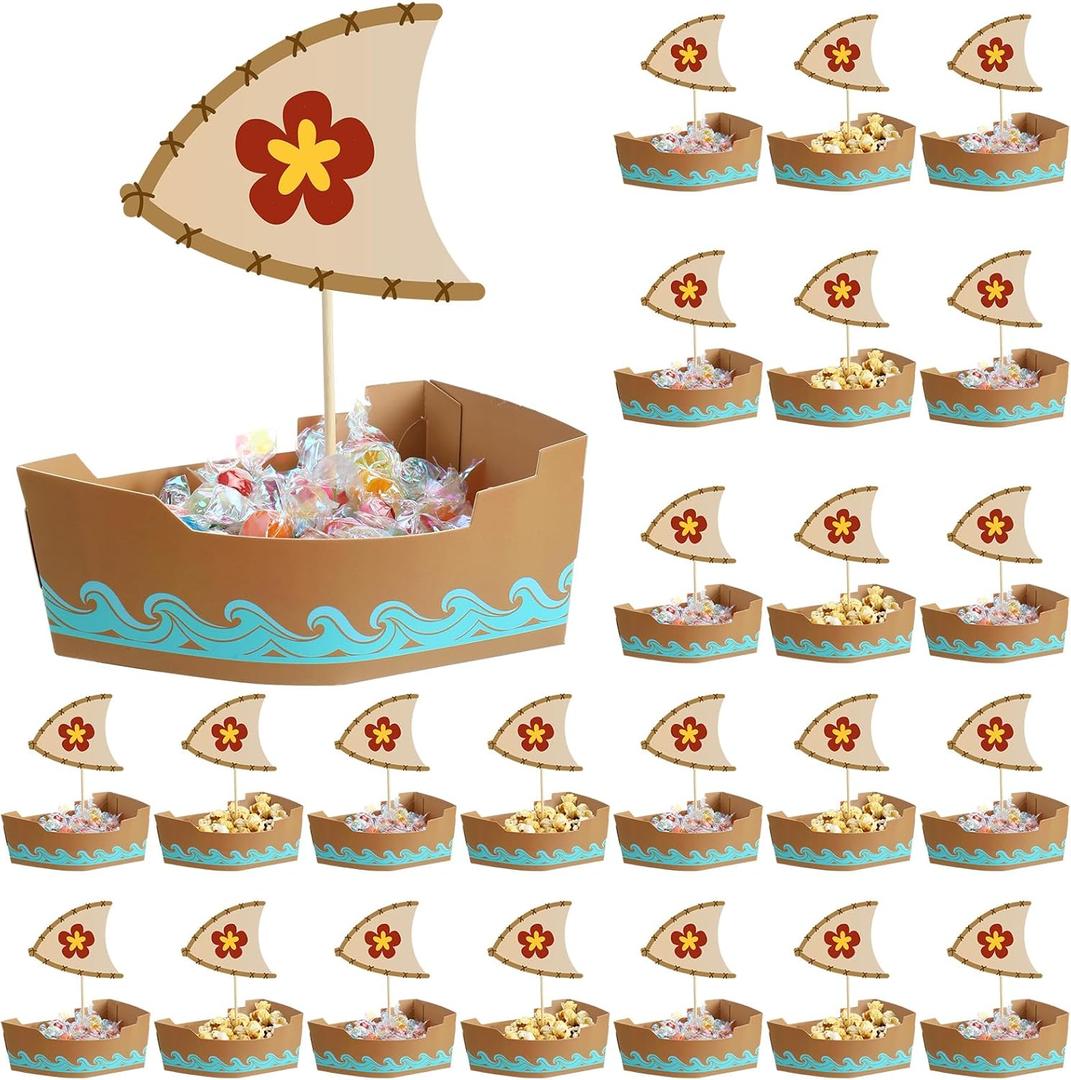 Jingmore 24 Pcs Theme Party Decorations Set Disposable Paper Food Serving Tray Boats Tray with Bamboo Sticks for Concession Food Carnivals Tropical Aloha Gasparill Pirate Party Supplies(Hawaii Luau)