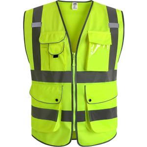 JKSafety 9 Pockets Class 2 High Visibility Zipper Front Safety Vest With Reflective Strips,Meets ANSI/ISEA Standard (X-Large, Yellow)