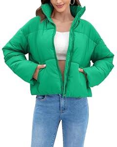 Cityork Women's Winter Quilted Jackets Casual Long Sleeve Puffer Coat Padded Outwear with Pockets Green XS