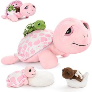 MorisMos Sea Turtle Stuffed Animal with Babies,14 in Mommy Turtle with 3 Baby Turtles Toys, 2 Plush Eggs inside Belly Pouch,Big-Eyed Stuffed Animal for Toddlers Kids,Pink Tortoise Gifts for Girls Boys
