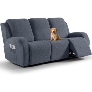 VANSOFY Recliner Couch Cover, 8-Pieces Stretch Recliner Sofa Cover Soft Jacquard Reclining Slipcover Furniture Protector with Elastic Bottom for Kid, Pets(3 Seat,Gray)
