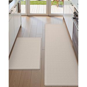 DEXI Kitchen Floor Mats Cushioned Anti Fatigue, 17x29+17x59, Standing Runner Rug Waterproof, Comfort Memory Foam Padded for Front Sink Laundry Set of 2, Beige