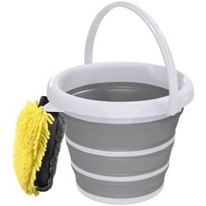 Collapsible Wash Bucket with Microfiber Mitt, 10L (2.6 Gallon) Portable Collapsiblle Buckett with Handle for Car Wash Household Cleaning, Multiuse Collapsibles Water Bucket and Car wash mitt - Grey 1 Pack