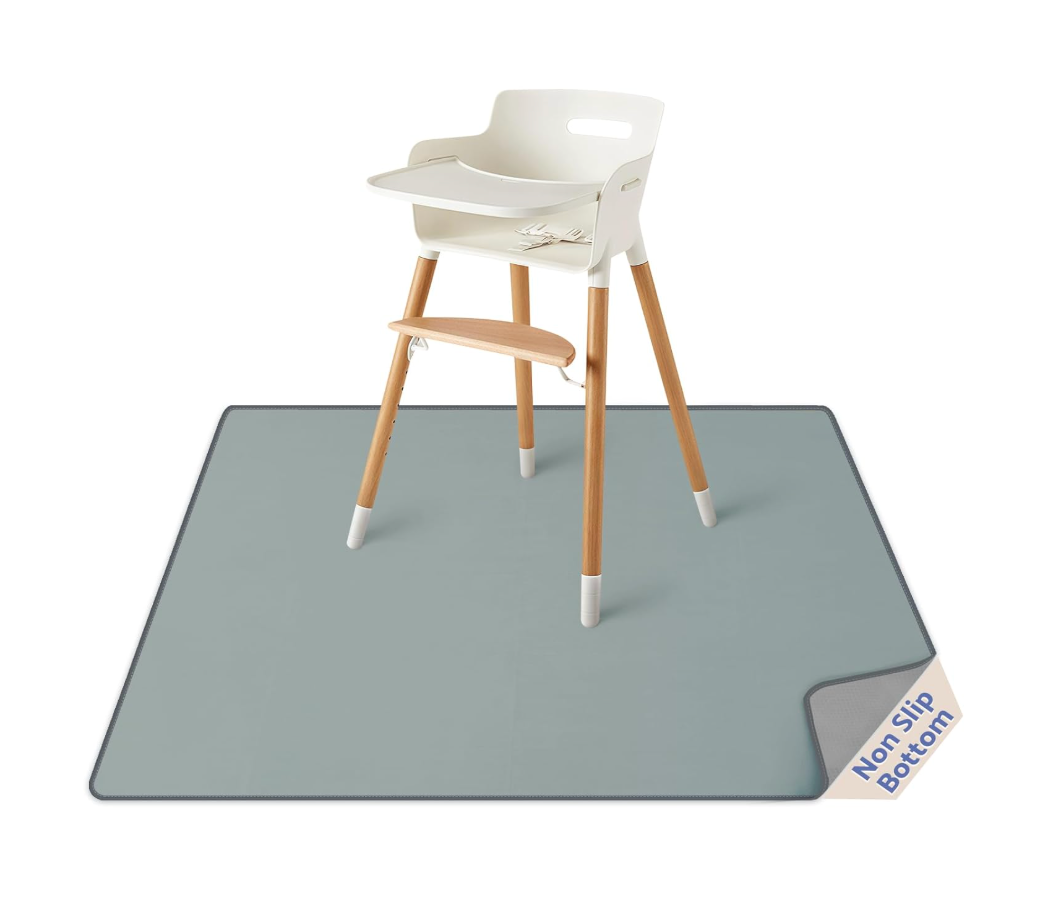 Blissful Diary Baby Splat Mat for Under High Chair, 50.4 x 50.4 Inch Wipeable Splash Mat, Waterproof and Washable, Anti-Slip Floor Protector, Silver Mist