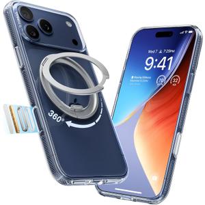 TORRAS 360 Magnetic Stand for iPhone 17 Pro Case, [Fit for MagSafe] [Rotatable Ring Kickstand] [4X Mil-Grade Shockproof] Slim Phone Cover, Camera Button, Crystal Clear, Transparent, Ostand O3 Fitness