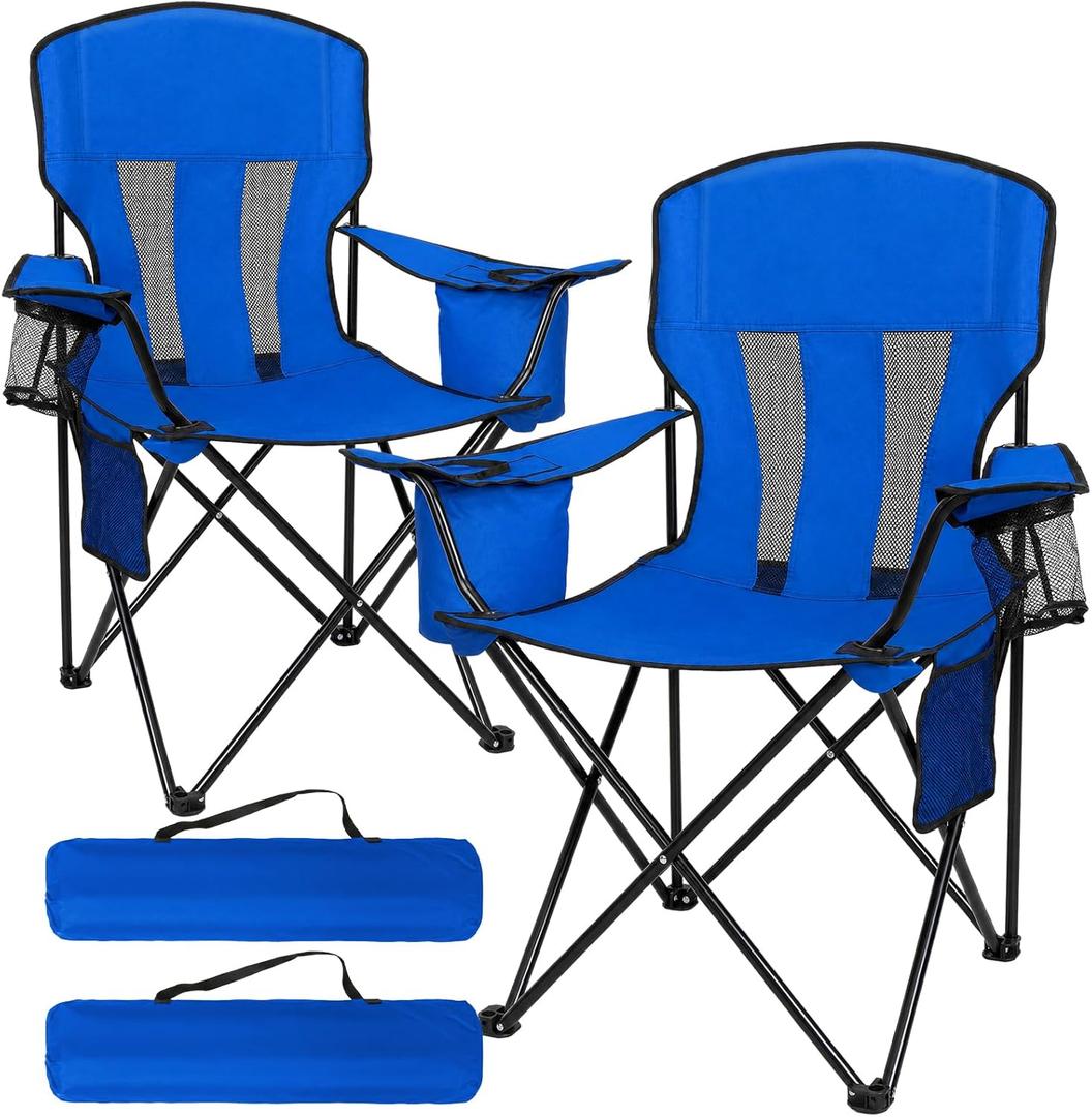2-Pack Lightweight Heavy Duty Camping Chairs, Up to 400lbs Capacity Folding Chair with Cooler Bag & Cup Holder, Oversized Portable Lawn Chair for Outdoor, Fishing, Tailgating, Beach (Blue)