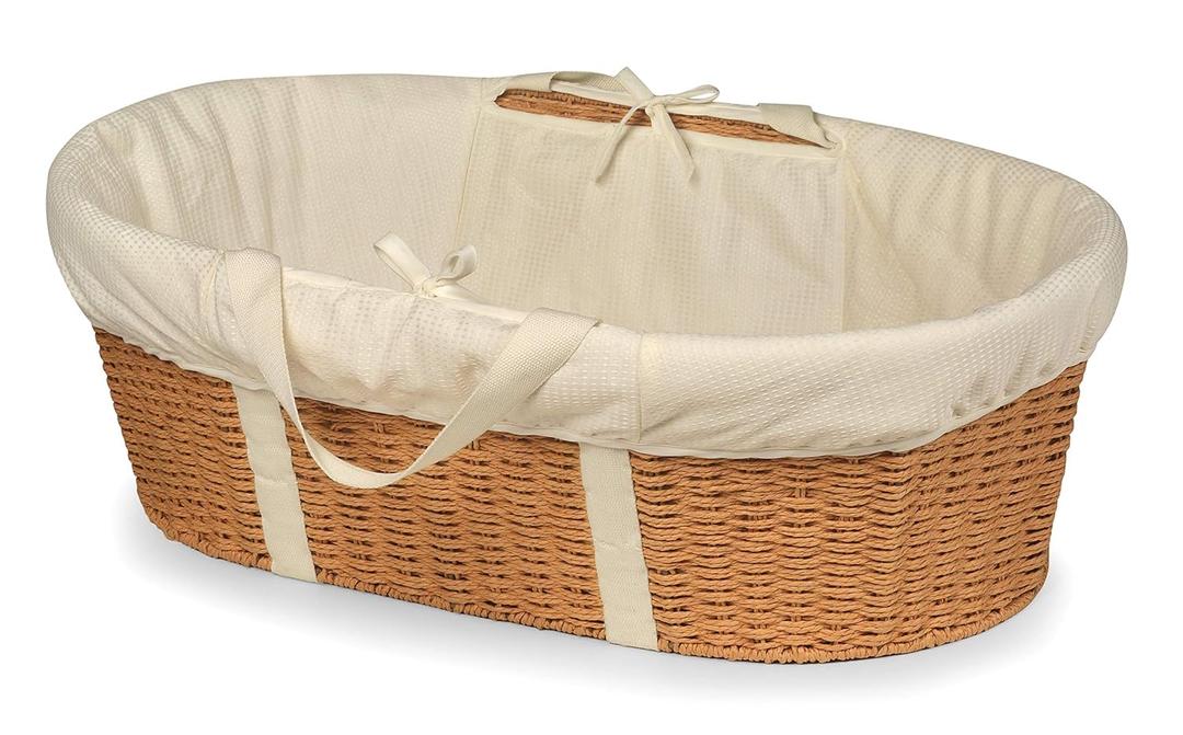 Badger Basket Wicker-Look Woven Baby Moses Changing Basket with Pad and Cover - Light Brown/Ecru